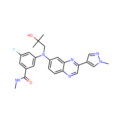 CNC(=O)c1cc(F)cc(N(CC(C)(C)O)c2ccc3ncc(-c4cnn(C)c4)nc3c2)c1 ZINC000204160869