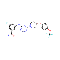 CNC(=O)c1cc(F)cc(Nc2ncnc(N3CCC(Oc4ccc(OC(F)(F)F)cc4)CC3)n2)c1 ZINC001772628754