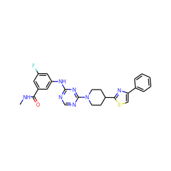CNC(=O)c1cc(F)cc(Nc2ncnc(N3CCC(c4nc(-c5ccccc5)cs4)CC3)n2)c1 ZINC001772655670