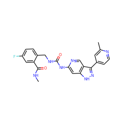 CNC(=O)c1cc(F)ccc1CNC(=O)Nc1cc2[nH]nc(-c3ccnc(C)c3)c2cn1 ZINC000261108244