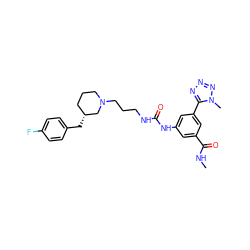 CNC(=O)c1cc(NC(=O)NCCCN2CCC[C@@H](Cc3ccc(F)cc3)C2)cc(-c2nnnn2C)c1 ZINC000029397703