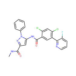 CNC(=O)c1cc(NC(=O)c2cc(-c3ncccc3F)c(Cl)cc2Cl)n(-c2ccccc2)n1 ZINC001772653403