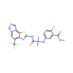 CNC(=O)c1cc(NC(C)(C)C(=O)Nc2nc3c(C(F)(F)F)cc4[nH]ncc4c3s2)ccc1Cl ZINC000115719567