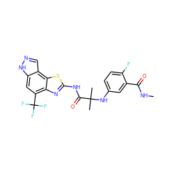 CNC(=O)c1cc(NC(C)(C)C(=O)Nc2nc3c(C(F)(F)F)cc4[nH]ncc4c3s2)ccc1F ZINC000202050900