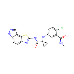 CNC(=O)c1cc(NC2(C(=O)Nc3nc4ccc5[nH]ncc5c4s3)CC2)ccc1Cl ZINC000043178510