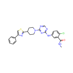 CNC(=O)c1cc(Nc2ncnc(N3CCC(c4nc(-c5ccccc5)cs4)CC3)n2)ccc1Cl ZINC000118711634