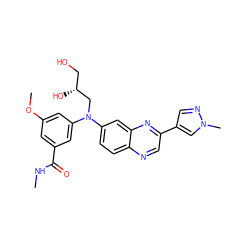 CNC(=O)c1cc(OC)cc(N(C[C@H](O)CO)c2ccc3ncc(-c4cnn(C)c4)nc3c2)c1 ZINC000204172211