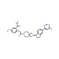 CNC(=O)c1cc(OC)ccc1CC(=O)N1CCC2(CC1)CN([C@@H]1CCc3cc(-c4cc(C)ncn4)ccc31)C2 ZINC000299863328