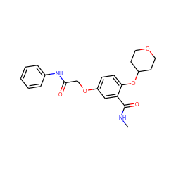 CNC(=O)c1cc(OCC(=O)Nc2ccccc2)ccc1OC1CCOCC1 ZINC000263620845