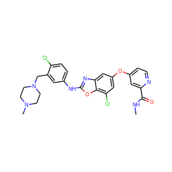 CNC(=O)c1cc(Oc2cc(Cl)c3oc(Nc4ccc(Cl)c(CN5CCN(C)CC5)c4)nc3c2)ccn1 ZINC000023359495