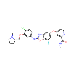 CNC(=O)c1cc(Oc2cc(F)c3oc(Nc4ccc(Cl)c(OC[C@@H]5CCCN5C)c4)nc3c2)ccn1 ZINC000014965343