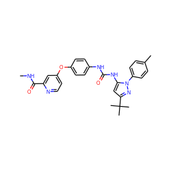 CNC(=O)c1cc(Oc2ccc(NC(=O)Nc3cc(C(C)(C)C)nn3-c3ccc(C)cc3)cc2)ccn1 ZINC000036518249