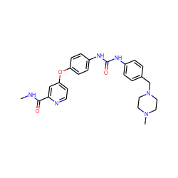 CNC(=O)c1cc(Oc2ccc(NC(=O)Nc3ccc(CN4CCN(C)CC4)cc3)cc2)ccn1 ZINC000058564052