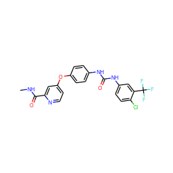 CNC(=O)c1cc(Oc2ccc(NC(=O)Nc3ccc(Cl)c(C(F)(F)F)c3)cc2)ccn1 ZINC000001493878