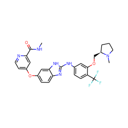 CNC(=O)c1cc(Oc2ccc3nc(Nc4ccc(C(F)(F)F)c(OC[C@H]5CCCN5C)c4)[nH]c3c2)ccn1 ZINC000014965246