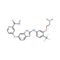 CNC(=O)c1cc(Oc2ccc3nc(Nc4ccc(C(F)(F)F)c(OCCN(C)C)c4)[nH]c3c2)ccn1 ZINC000014965242