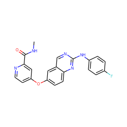 CNC(=O)c1cc(Oc2ccc3nc(Nc4ccc(F)cc4)ncc3c2)ccn1 ZINC000082152992
