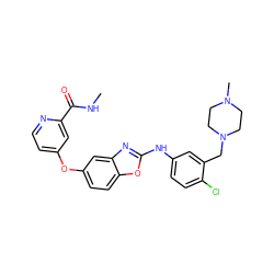 CNC(=O)c1cc(Oc2ccc3oc(Nc4ccc(Cl)c(CN5CCN(C)CC5)c4)nc3c2)ccn1 ZINC000023359478