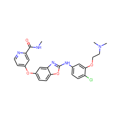 CNC(=O)c1cc(Oc2ccc3oc(Nc4ccc(Cl)c(OCCN(C)C)c4)nc3c2)ccn1 ZINC000006716050