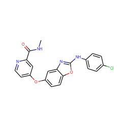 CNC(=O)c1cc(Oc2ccc3oc(Nc4ccc(Cl)cc4)nc3c2)ccn1 ZINC000014965290