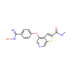 CNC(=O)c1cc2c(Oc3ccc(C(=N)NO)cc3)cncc2s1 ZINC000013864410