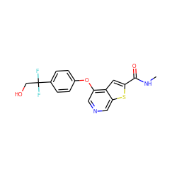 CNC(=O)c1cc2c(Oc3ccc(C(F)(F)CO)cc3)cncc2s1 ZINC000013864455