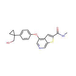 CNC(=O)c1cc2c(Oc3ccc(C4(CO)CC4)cc3)cncc2s1 ZINC000013864454