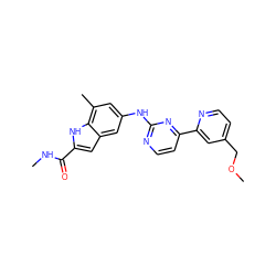 CNC(=O)c1cc2cc(Nc3nccc(-c4cc(COC)ccn4)n3)cc(C)c2[nH]1 ZINC000144301093