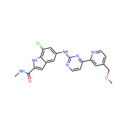 CNC(=O)c1cc2cc(Nc3nccc(-c4cc(COC)ccn4)n3)cc(Cl)c2[nH]1 ZINC000144300865