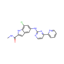 CNC(=O)c1cc2cc(Nc3nccc(-c4ccccn4)n3)cc(Cl)c2[nH]1 ZINC000144251445