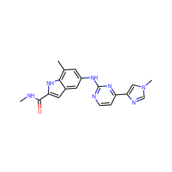 CNC(=O)c1cc2cc(Nc3nccc(-c4cn(C)cn4)n3)cc(C)c2[nH]1 ZINC000205650761