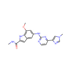 CNC(=O)c1cc2cc(Nc3nccc(-c4cn(C)cn4)n3)cc(OC)c2[nH]1 ZINC000205650789