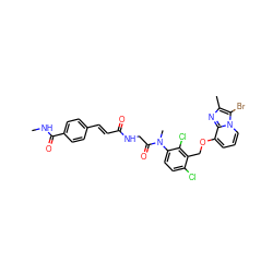 CNC(=O)c1ccc(/C=C/C(=O)NCC(=O)N(C)c2ccc(Cl)c(COc3cccn4c(Br)c(C)nc34)c2Cl)cc1 ZINC000029395478