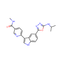 CNC(=O)c1ccc(-c2c[nH]c3ccc(-c4nnc(NC(C)C)o4)cc23)nc1 ZINC000221744649