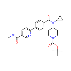 CNC(=O)c1ccc(-c2ccc(C(=O)N(C3CC3)C3CCN(C(=O)OC(C)(C)C)CC3)cc2)nc1 ZINC000223657476