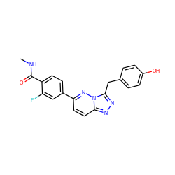 CNC(=O)c1ccc(-c2ccc3nnc(Cc4ccc(O)cc4)n3n2)cc1F ZINC000040957087