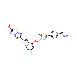 CNC(=O)c1ccc(-c2nc(COc3cc(F)cc4oc(-c5cn6nc(OC)sc6n5)cc34)c(C)s2)cc1 ZINC000143361013