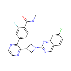 CNC(=O)c1ccc(-c2nccnc2C2CN(c3ncc4ccc(Cl)cc4n3)C2)cc1F ZINC000169701459