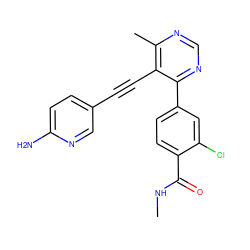 CNC(=O)c1ccc(-c2ncnc(C)c2C#Cc2ccc(N)nc2)cc1Cl ZINC000148709530