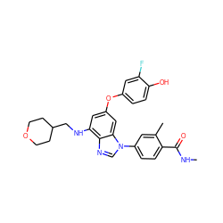 CNC(=O)c1ccc(-n2cnc3c(NCC4CCOCC4)cc(Oc4ccc(O)c(F)c4)cc32)cc1C ZINC000147768447