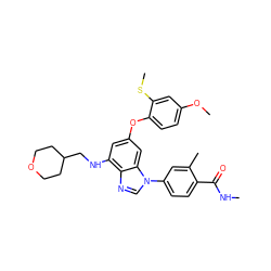 CNC(=O)c1ccc(-n2cnc3c(NCC4CCOCC4)cc(Oc4ccc(OC)cc4SC)cc32)cc1C ZINC000147565409