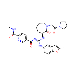 CNC(=O)c1ccc(C(=O)/N=C(\Nc2ccc3oc(C)cc3c2)N[C@H]2CCCCN(CC(=O)N3CCCC3)C2=O)cn1 ZINC000070707397