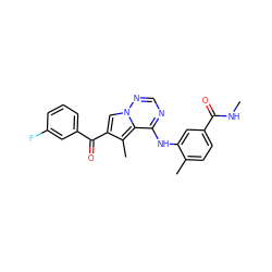 CNC(=O)c1ccc(C)c(Nc2ncnn3cc(C(=O)c4cccc(F)c4)c(C)c23)c1 ZINC000003819155