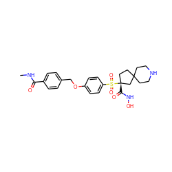 CNC(=O)c1ccc(COc2ccc(S(=O)(=O)[C@]3(C(=O)NO)CCC4(CCNCC4)C3)cc2)cc1 ZINC000299862559