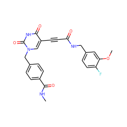 CNC(=O)c1ccc(Cn2cc(C#CC(=O)NCc3ccc(F)c(OC)c3)c(=O)[nH]c2=O)cc1 ZINC001772611706