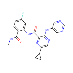 CNC(=O)c1ccc(F)cc1NC(=O)c1nc(C2CC2)cnc1Nc1cncnc1 ZINC000169701902