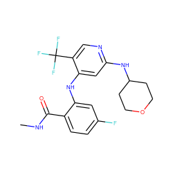 CNC(=O)c1ccc(F)cc1Nc1cc(NC2CCOCC2)ncc1C(F)(F)F ZINC000474610059