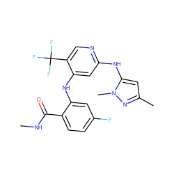 CNC(=O)c1ccc(F)cc1Nc1cc(Nc2cc(C)nn2C)ncc1C(F)(F)F ZINC000116519292