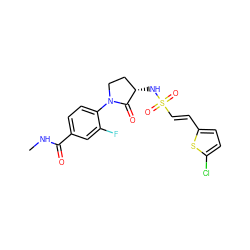 CNC(=O)c1ccc(N2CC[C@H](NS(=O)(=O)/C=C/c3ccc(Cl)s3)C2=O)c(F)c1 ZINC000045351722