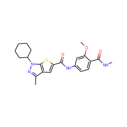 CNC(=O)c1ccc(NC(=O)c2cc3c(C)nn(C4CCCCC4)c3s2)cc1OC ZINC000114709402